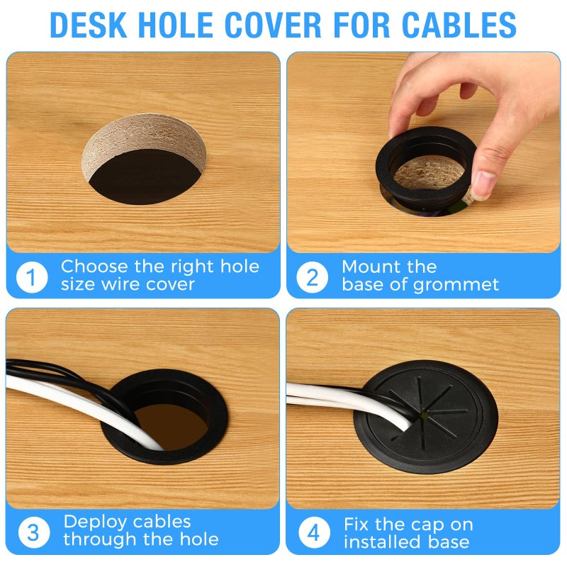 BOPOREAE Desk Grommet 2-1/16"" (53 mm), Desk Hole Cover for Cables Black, Cable Grommet ABS Plastic, Desk Hole Grommet for Office and Home Table Cable, Detachable & Flexible Cable Cord Organizer-4 Pcs - Image 4